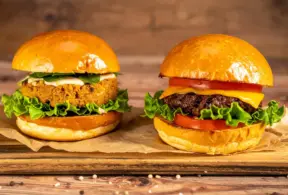 A plant-based protein burger made from soybeans, alongside an animal protein burger made from beef.