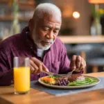 Elderly man with white hair, wearing a purple shirt, eats a balanced meal with beef, beans, and vegetables, also with a glass of orange juice next to the plate, highlighting the importance of vitamin B2 in the diet, which the body does not naturally produce but is found in beef.