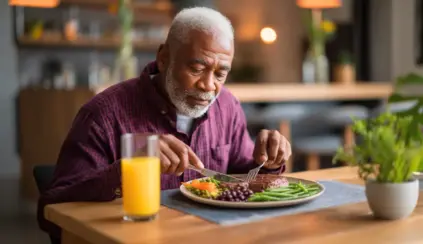 Elderly man with white hair, wearing a purple shirt, eats a balanced meal with beef, beans, and vegetables, also with a glass of orange juice next to the plate, highlighting the importance of vitamin B2 in the diet, which the body does not naturally produce but is found in beef.