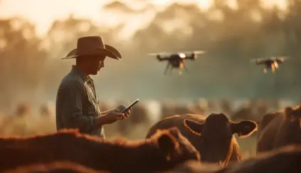 Small and medium-sized ranchers face challenges in the green transition. In the photo, drone technology is used to monitor and manage the herd.