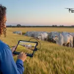 Female rural producer using a drone to monitor cattle and crop farm, technology in the field to optimize rural production.
