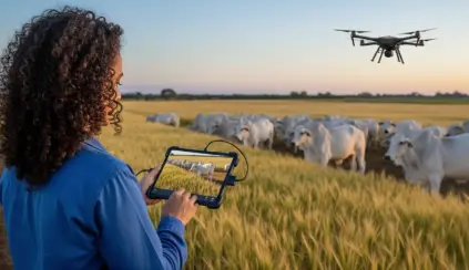 Female rural producer using a drone to monitor cattle and crop farm, technology in the field to optimize rural production.