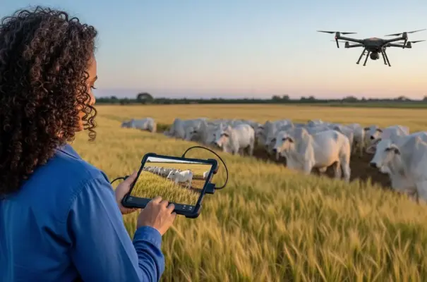 Female rural producer using a drone to monitor cattle and crop farm, technology in the field to optimize rural production.