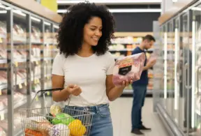 Smiling woman choosing certified meat at the supermarket, highlighting the importance of high-quality products with guaranteed origin for a healthy diet.