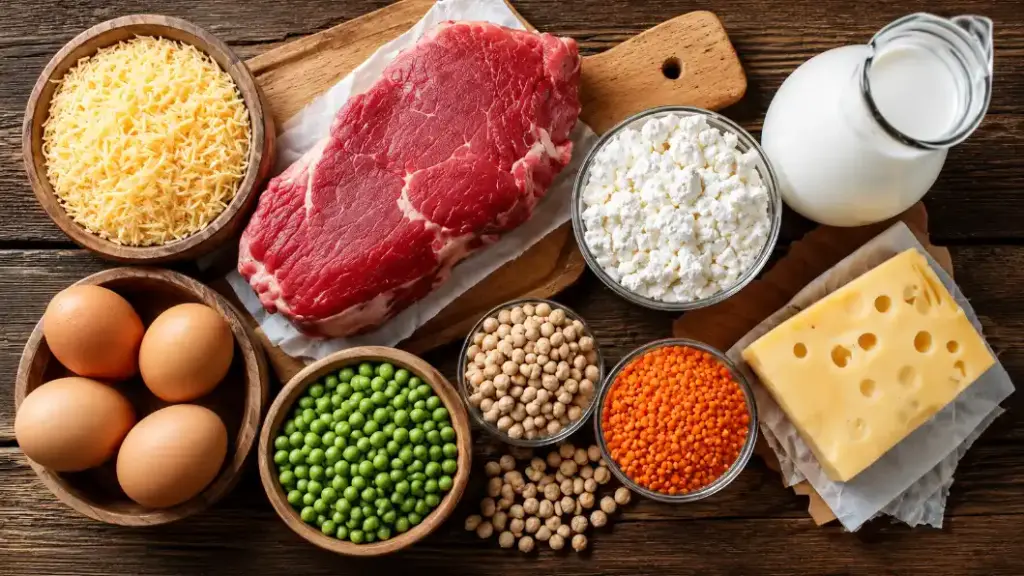 Prato com fatias de carne bovina assada servida com legumes variados, destacando emissões pecuária e densidade nutricional na alimentação.
