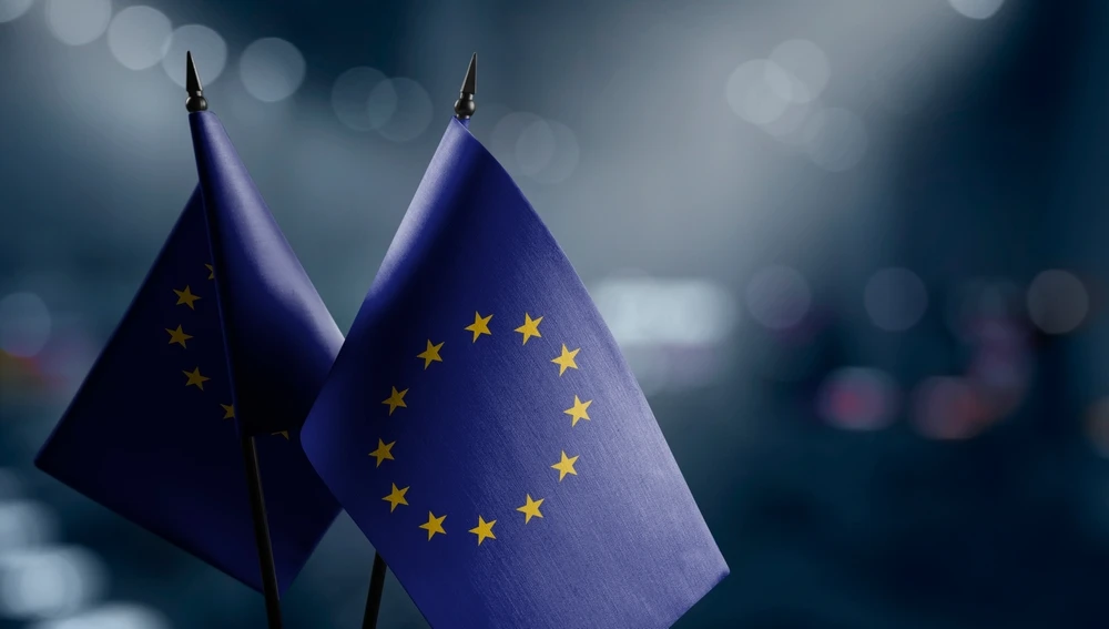 Two European Union flags—featuring yellow stars on a blue background—are crossed and displayed against a dark, blurred background with lights, symbolizing unity in initiatives such as environmental monitoring and traceability among Member States