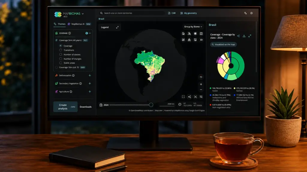 MapBiomas monitor displaying an integrated map of Brazilian biomes, featuring legend charts and regional views to support environmental monitoring and traceability