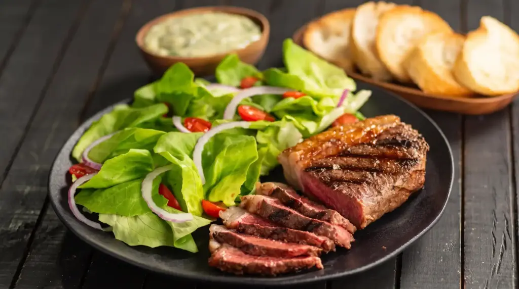 Food safety: a plate with slices of grilled meat, a salad of leafy greens and cherry tomatoes, and bread, set against a dark background.