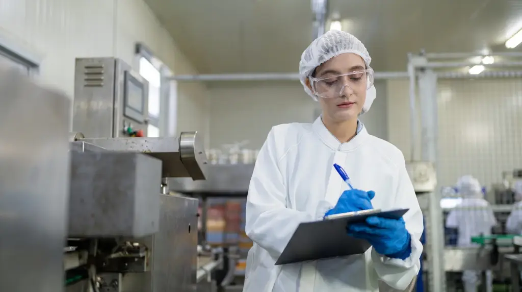 Laboratory professional in a food production environment, wearing a hairnet and gloves, recording data on a clipboard during a food safety inspection.