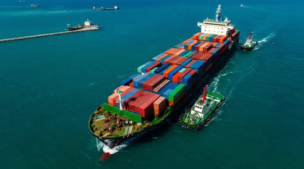 Food security: Aerial view of a cargo ship with colorful containers sailing at sea alongside a tugboat, with blue water in the background. Aerial photo of maritime transport.