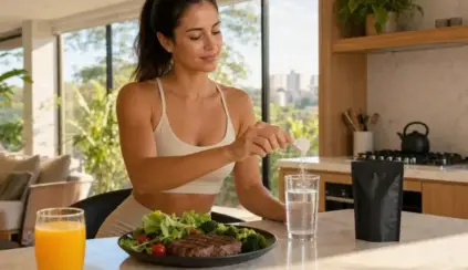 Woman at home preparing creatine supplementation before a run, pouring water, with a plate of meat and salad on the kitchen table.