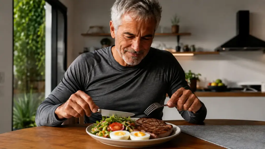 A smiling man sits at a modern kitchen table, about to enjoy a protein-rich meal for runners consisting of steak, salad, and boiled eggs. He is holding a knife and fork, ready to cut his food.