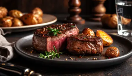 A plate featuring two pieces of rare steak, garnished with rosemary and coarsely ground pepper, served with roasted potatoes. Although the idea that "red meat causes inflammation in the body" is a concern for some, this dish is presented appealingly, accompanied by a glass of water, a pepper grinder, and more potatoes in the background.