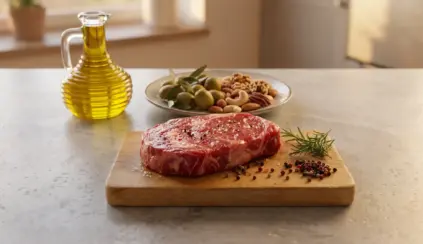 Animal fat vs. vegetable fat: raw steak on a wooden board with herbs and pepper, next to a container of olive oil and a bowl of grains and olives on a kitchen counter