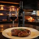 Meat and wine served in a gourmet setting: a plate with a grilled steak and a glass of red wine next to a bottle, in a barbecue setting with cozy lighting.