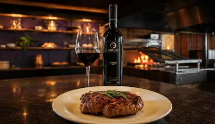 Meat and wine served in a gourmet setting: a plate with a grilled steak and a glass of red wine next to a bottle, in a barbecue setting with cozy lighting.