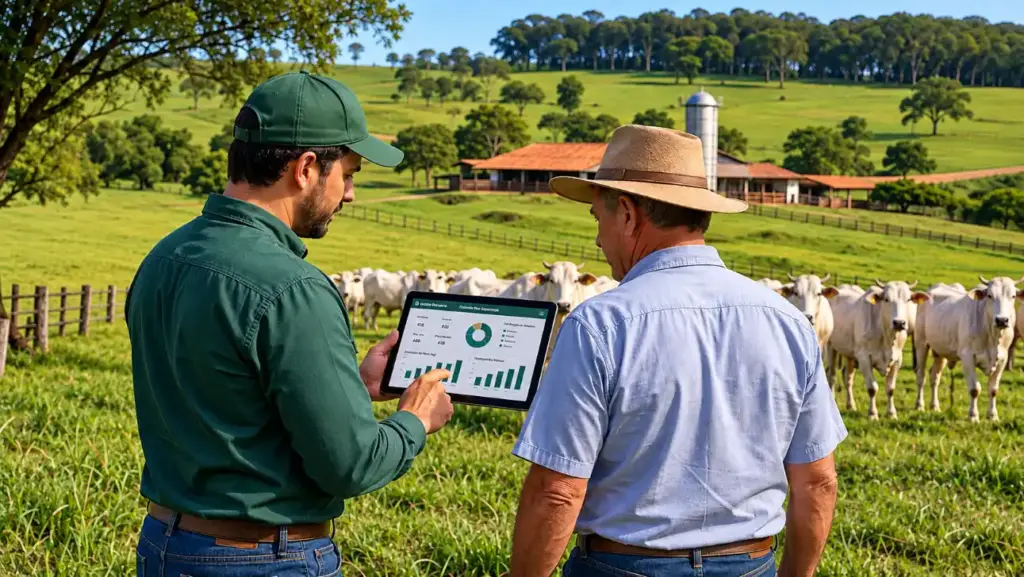 Two professionals converse in a field, looking at a tablet displaying charts while observing the herd on a farm; a green landscape and rural infrastructure appear in the background, with a focus on small and medium-sized producers.
