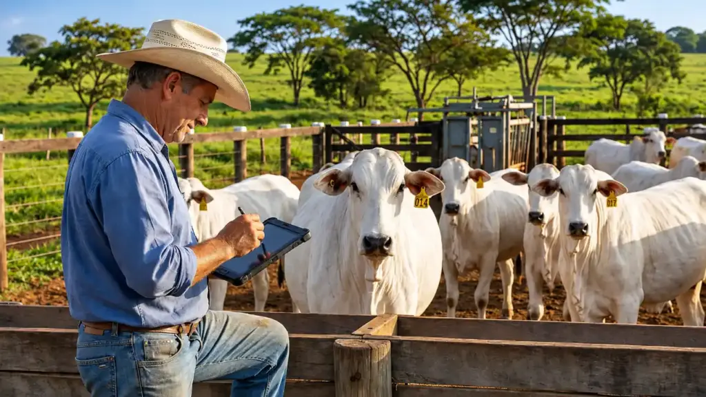 Small and medium-scale farm producers, with a cattle rancher using a tablet to review herd management in an outdoor corral.