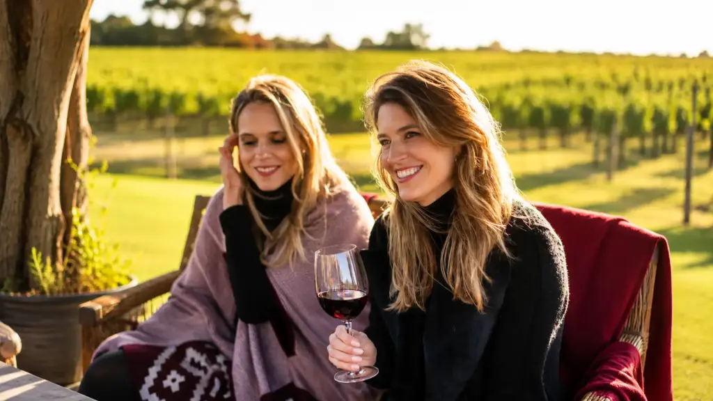 Gabriela Potter and Mariana Potter toasting with wine glasses in a rural setting amidst vineyards at sunset, featuring blankets and the atmosphere of a gastronomic gathering with meat and wine.
