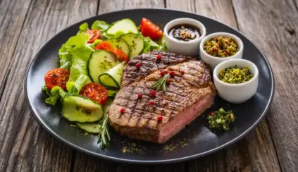 Plate featuring a grilled steak and a salad of leafy greens, tomato, and cucumber, accompanied by sauces in bowls. Zinc from meat vs. plant-based zinc in a nutritious meal with meat and vegetables.
