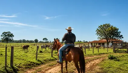 Rural landscape with a cowboy on horseback on a dirt road, surrounded by green pastures, wooden fences, and a herd of cattle.
