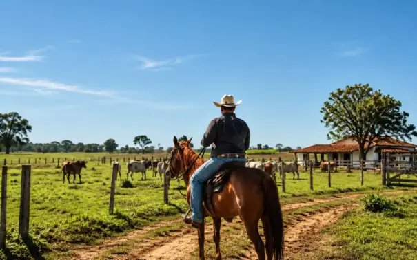 Rural landscape with a cowboy on horseback on a dirt road, surrounded by green pastures, wooden fences, and a herd of cattle.
