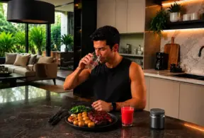 A man is sitting at the kitchen counter, drinking a glass of water, with a plate of meat-based food rich in vitamin B12, a glass of juice, and a container in front of him. The modern kitchen features marble countertops and offers a view of the living room and the garden.