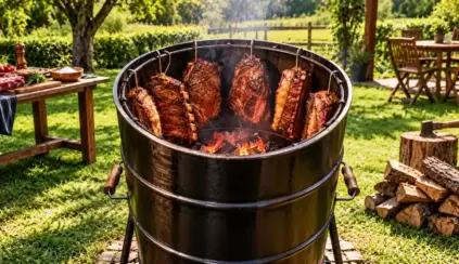 Meat in a barrel: Barbecue prepared outdoors on a barrel-style grill, with cuts of meat roasting over hot coals and side dishes set out on a garden table.