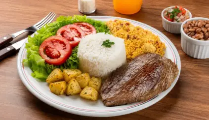 World Food Day: a plate with white rice, steak, green leaf salad and tomato, seasoned potatoes, and side dishes on a wooden table.