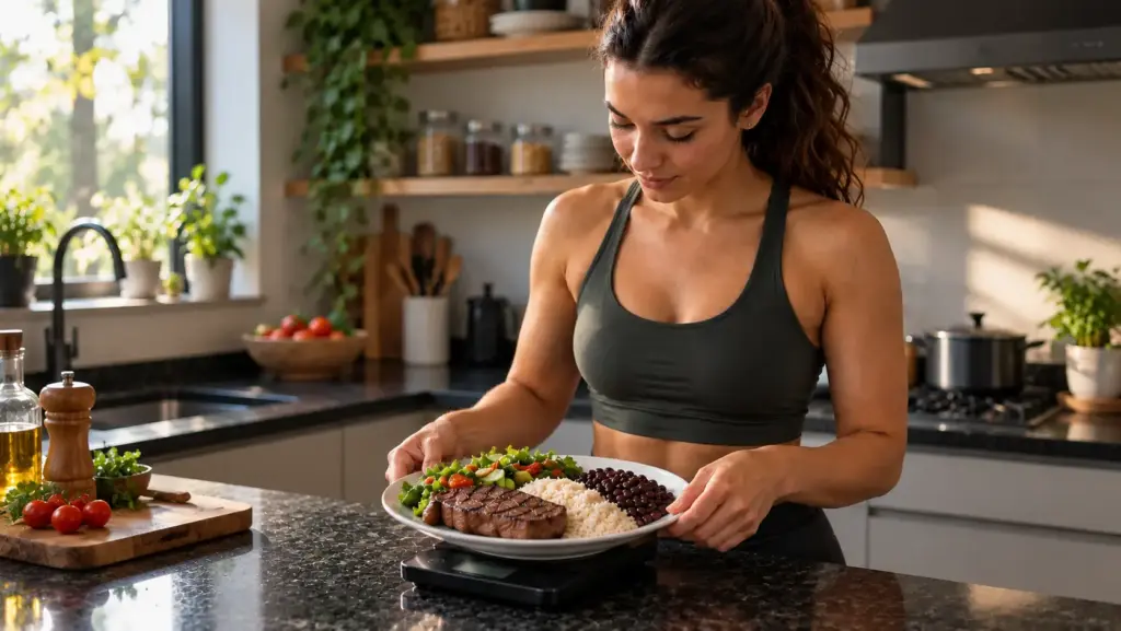 
A woman at home preparing a healthy meal on a plate while using a digital kitchen scale, part of a fitness and diet routine aimed at goals such as running for weight loss.