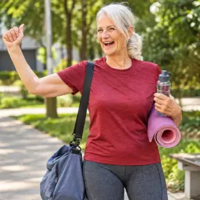 Smiling elderly woman in a park, stretching on a yoga mat and holding a water bottle, as part of a healthy aging nutrition concept
