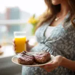 Mujer embarazada sostiene un plato con carne, tomando jugo de naranja durante el embarazo, destacando los beneficios del consumo de carne en la gestación para reducir los riesgos de mortalidad neonatal.
