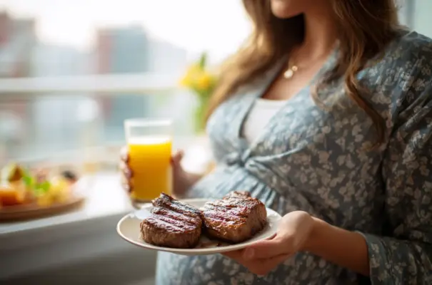Mujer embarazada sostiene un plato con carne, tomando jugo de naranja durante el embarazo, destacando los beneficios del consumo de carne en la gestación para reducir los riesgos de mortalidad neonatal.