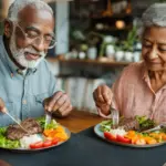 Personas mayores disfrutando de una comida saludable, rica en proteínas, ideal para el mantenimiento de la masa muscular en la tercera edad.