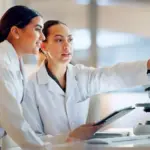 Dos científicas analizando resultados de investigación sobre prebióticos y probióticos en un laboratorio de microbiología veterinaria, con enfoque en la nutrición animal.