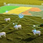 Imagen ilustrando la trazabilidad de la carne bovina utilizando blockchain, satélites e inteligencia artificial, con ganado y un mapa interactivo en el campo.