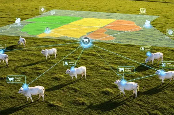 Imagen ilustrando la trazabilidad de la carne bovina utilizando blockchain, satélites e inteligencia artificial, con ganado y un mapa interactivo en el campo.