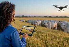 Productora rural usando dron para monitorear la granja de ganado y agricultura, tecnología en el campo para optimizar la producción rural.
