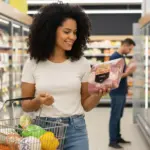 Mujer sonriente eligiendo carne certificada en el supermercado, destacando la importancia de productos de calidad y con procedencia garantizada para una alimentación saludable.