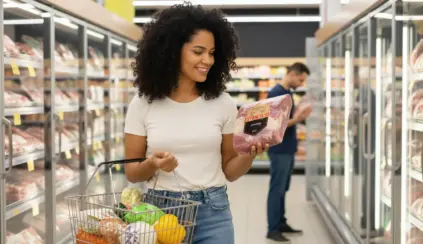 Mujer sonriente eligiendo carne certificada en el supermercado, destacando la importancia de productos de calidad y con procedencia garantizada para una alimentación saludable.