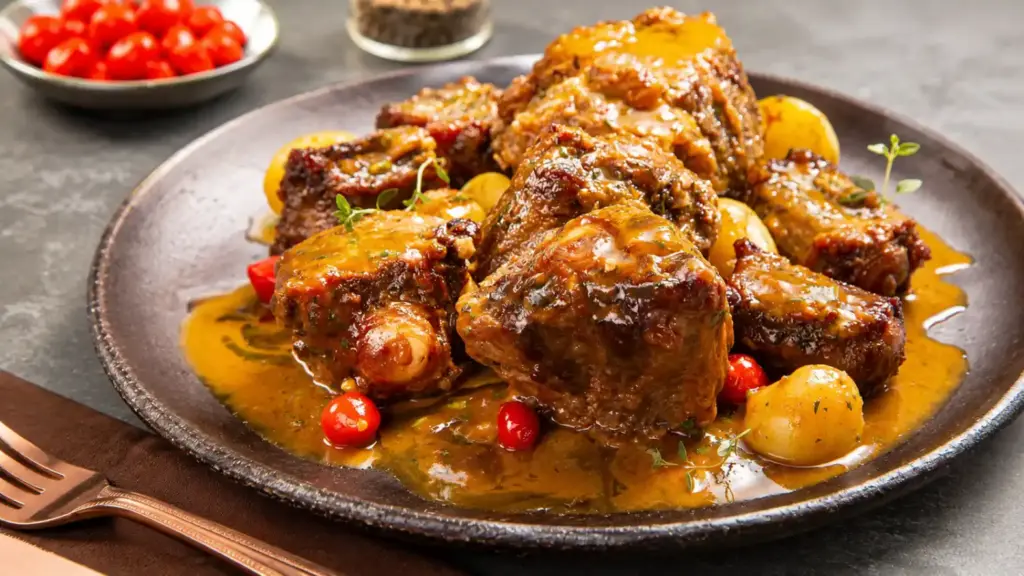 Tres cortes de carne vacuna preparados a fuego lento, servidos en un plato con salsa, papas y tomates cherry, acompañados de hierbas frescas sobre la mesa.