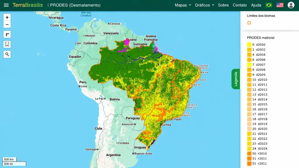 Mapa de América del Sur que muestra los niveles de deforestación en Brasil, con una escala de colores que va del verde (bajo) al rojo (alto); la mayor parte de la deforestación se produce en la región amazónica. Se identifican los países vecinos, lo que resalta la importancia del monitoreo ambiental y la trazabilidad para comprender y gestionar la pérdida de bosques