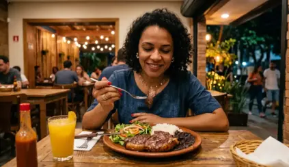 Carne de res y frijoles: Mujer sonriendo en un restaurante mientras degusta un plato con carne de res y frijoles, usando cubiertos, con un vaso de jugo y un entorno al aire libre de fondo