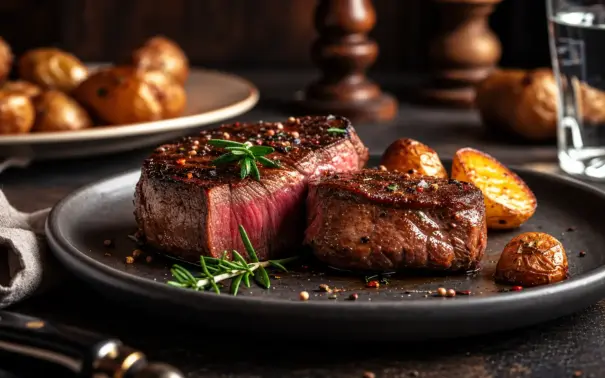 Un plato con dos trozos de bistec poco hecho, decorado con romero y pimienta molida gruesa, servido con patatas asadas. Aunque la idea de que «la carne roja inflama el cuerpo» preocupe a algunos, este plato se presenta de forma atractiva, acompañado de un vaso de agua, un molinillo de pimienta y más patatas al fondo.