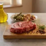 Grasa animal frente a grasa vegetal: bistec crudo sobre una tabla de madera con hierbas y pimienta, junto a un recipiente con aceite y un bol con granos y aceitunas en la encimera de la cocina.