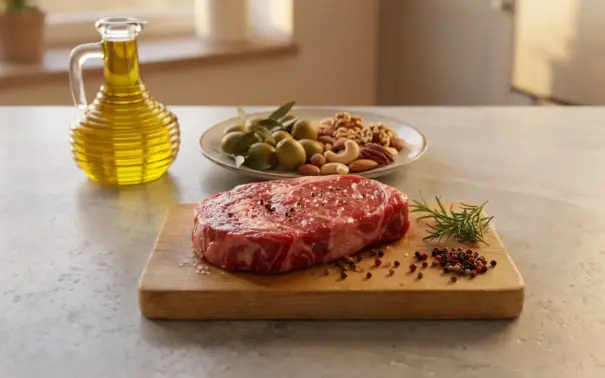 Grasa animal frente a grasa vegetal: bistec crudo sobre una tabla de madera con hierbas y pimienta, junto a un recipiente con aceite y un bol con granos y aceitunas en la encimera de la cocina.