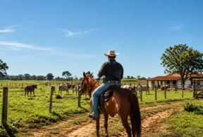 Paisaje rural con un vaquero a caballo en un camino de tierra, rodeado de pastizales verdes, cercas de madera y un rebaño de ganado.