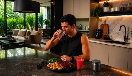 Un hombre está sentado en la barra de la cocina, bebiendo un vaso de agua, con un plato de comida rica en vitamina B12 a base de carne, un vaso de jugo y un recipiente frente a él. La cocina moderna cuenta con encimeras de mármol y ofrece vistas a la sala de estar y al jardín.