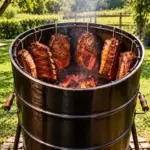 Carne en barril: Barbacoa preparada al aire libre en una parrilla tipo barril, con cortes de carne asándose sobre brasas y acompañamientos en la mesa del jardín.