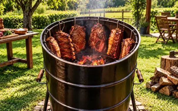 Carne en barril: Barbacoa preparada al aire libre en una parrilla tipo barril, con cortes de carne asándose sobre brasas y acompañamientos en la mesa del jardín.